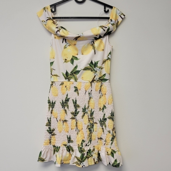 Sugar Lips Lemon Print Smocked Off the Shoulder Mini Dress S - Picture 3 of 9